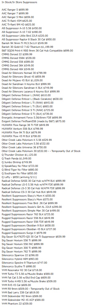 In Stock / In Store Suppressors - May 5th 2026