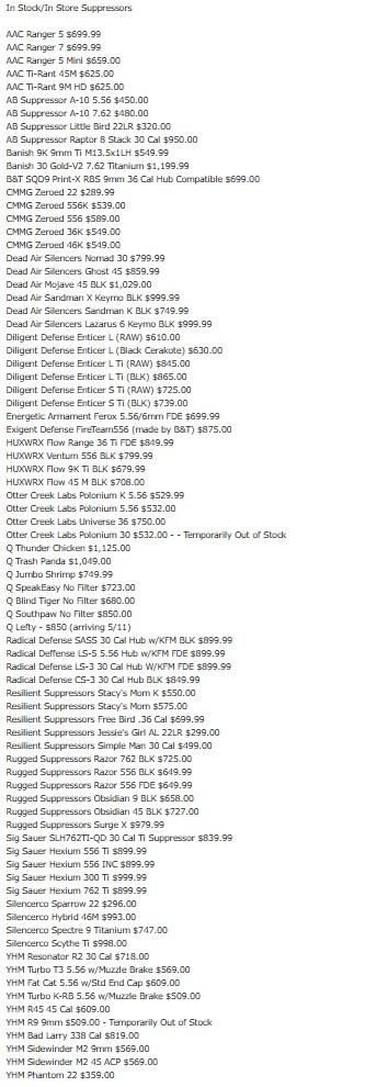 In Stock / In Store Suppressors - May 5th 2026